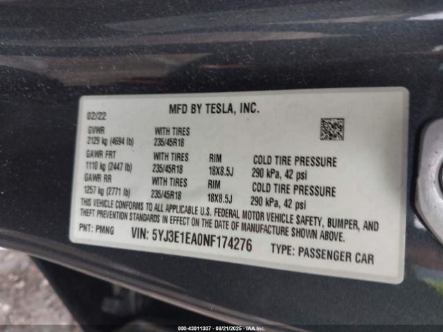 2022 TESLA MODEL 3 5YJ3E1EA0NF174276 Photo 8