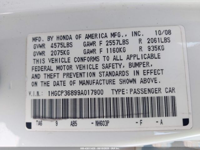 2009 HONDA ACCORD SDN 1HGCP36899A017900 Photo 8