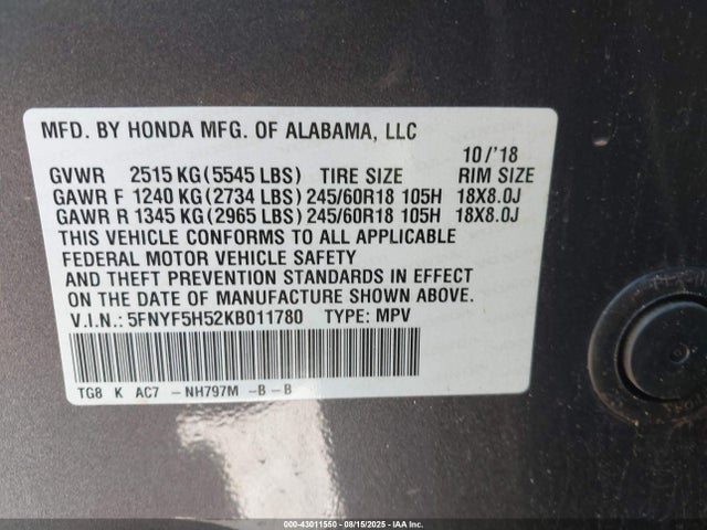 5FNYF5H52KB011780 Honda j35y6