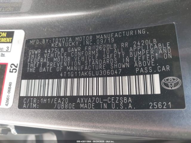 2020 TOYOTA CAMRY 4T1G11AK6LU306047 Photo 8