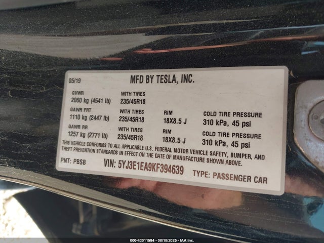 Tesla 2019 2019 5YJ3E1EA9KF394639 Image 9