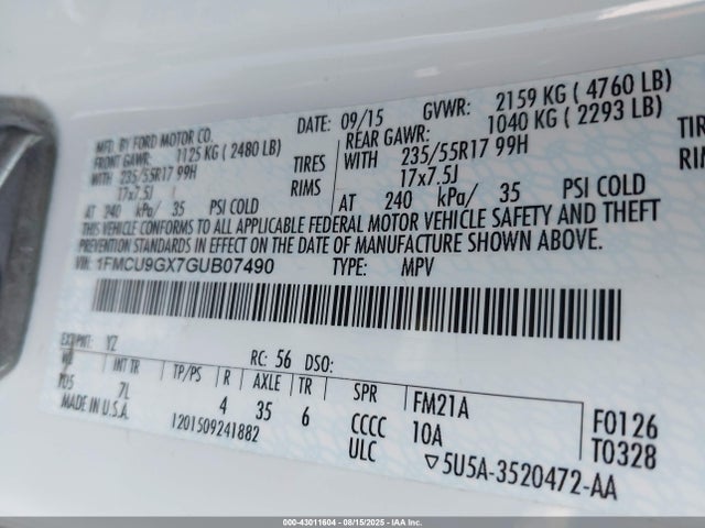 1FMCU9GX7GUB07490 Ford 2016