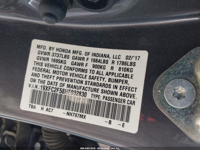 Honda k20c2 2017 19XFC2F58HE032830 Image 9