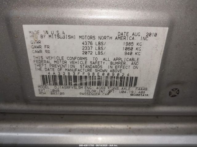 2011 MITSUBISHI GALANT 4A32B3FF9BE009024 Photo 8