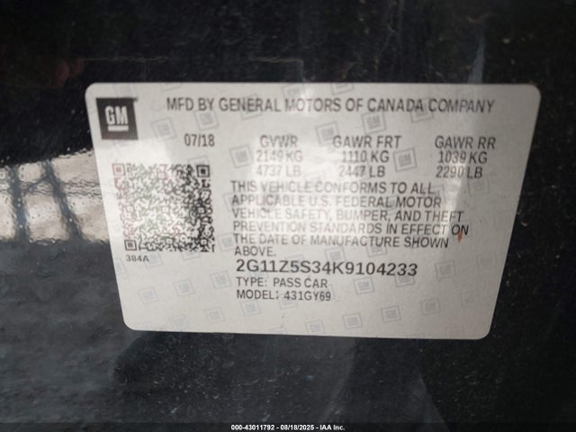 2G11Z5S34K9104233 Chevrolet lfx - spark ignited direct injection, vvt, e85 max, alum