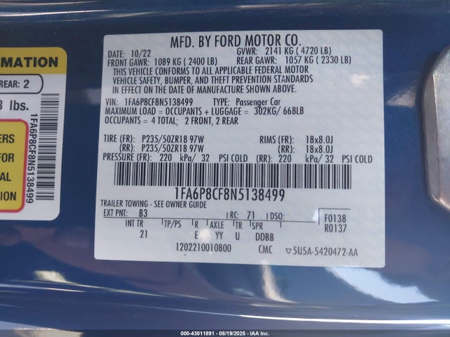 1FA6P8CF8N5138499 Ford tivct