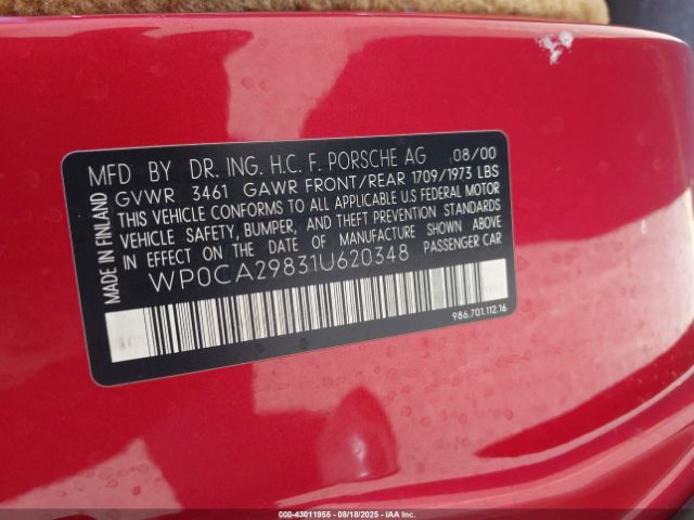 2001 PORSCHE BOXSTER WP0CA29831U620348 Photo 8