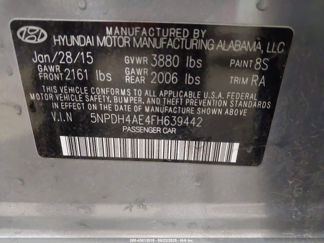 Hyundai dohc mpi nu 2015 5NPDH4AE4FH639442 Image 9