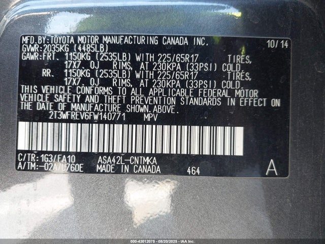 Toyota 2ar-fe 2015 2T3WFREV6FW140771 Image 9