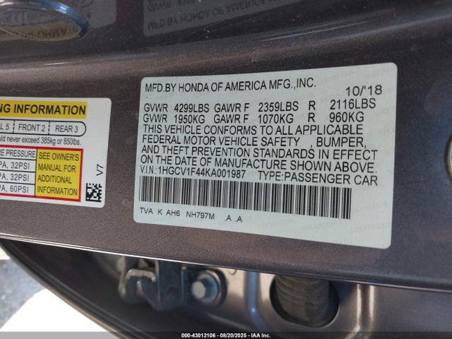 1HGCV1F44KA001987 Honda l15be