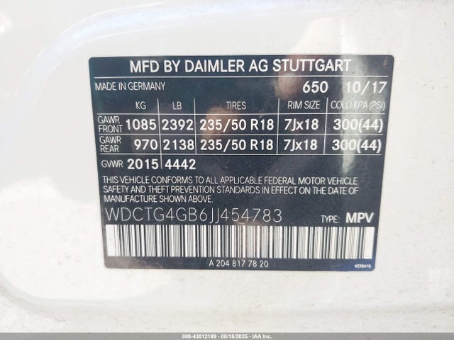 WDCTG4GB6JJ454783 Mercedes-Benz 270