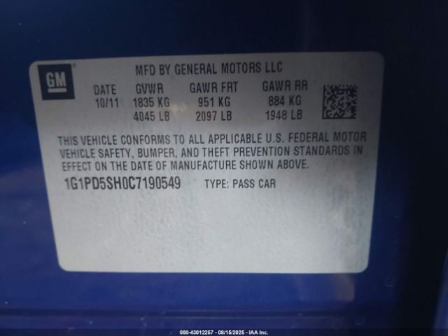 2012 CHEVROLET CRUZE 1G1PD5SH0C7190549 Photo 8