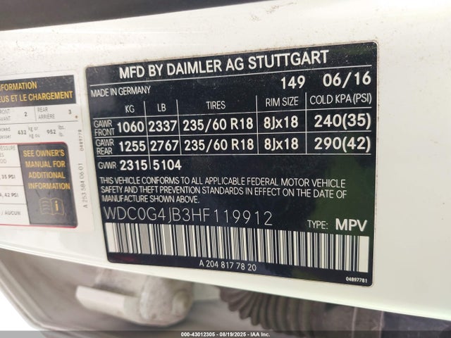 WDC0G4JB3HF119912 Mercedes-Benz m274