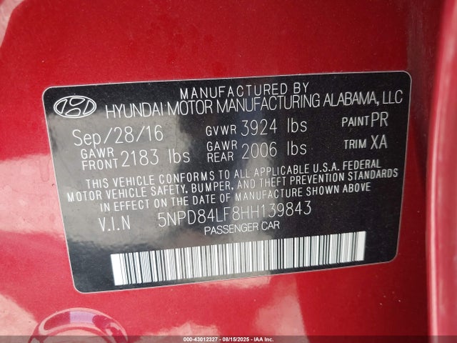 5NPD84LF8HH139843 Hyundai Elantra