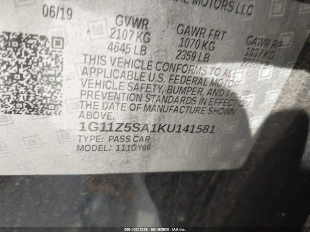 1G11Z5SA1KU141581 Chevrolet lcv - spark ignited direct injection, dcvcp, variable valve timing, e85 max, e0-e100, alum