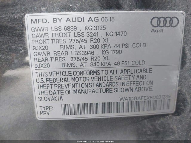 Продажа на аукционе авто 2015 Audi Q7 3.0t S Line Prestige, vin: WA1DGAFEXFD031239, номер лота: 43012370