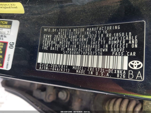 5YFBURHE7HP607516 Toyota 2zr-fe