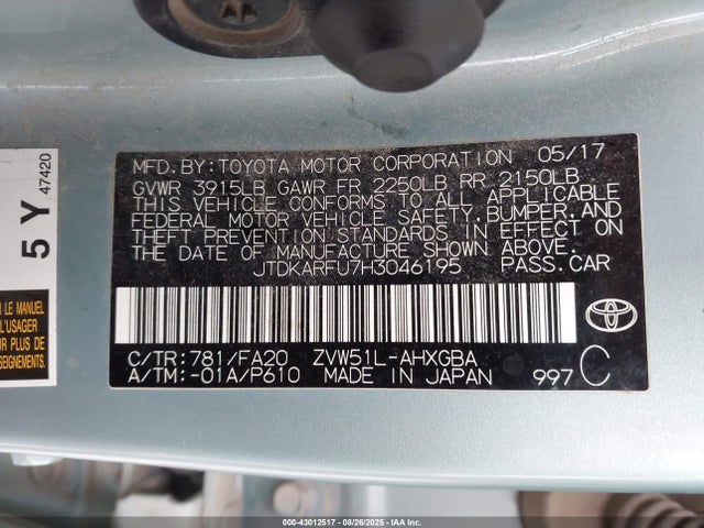 JTDKARFU7H3046195 Toyota 2zr-fxe,1nm