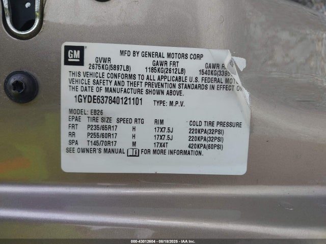 2004 CADILLAC SRX 1GYDE637840121101 Photo 8
