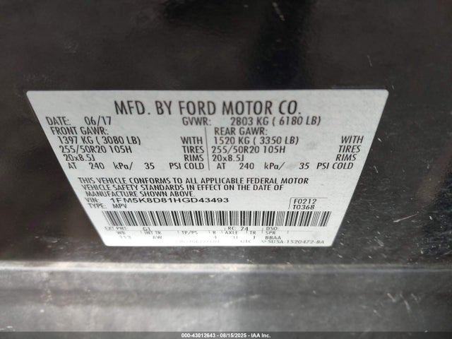 1FM5K8D81HGD43493 Ford 3.5l ti-vct