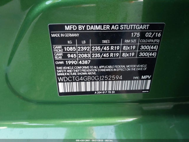 WDCTG4GB0GJ252594 Mercedes-Benz 270