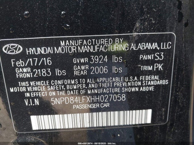 5NPD84LFXHH027058 Hyundai 2017