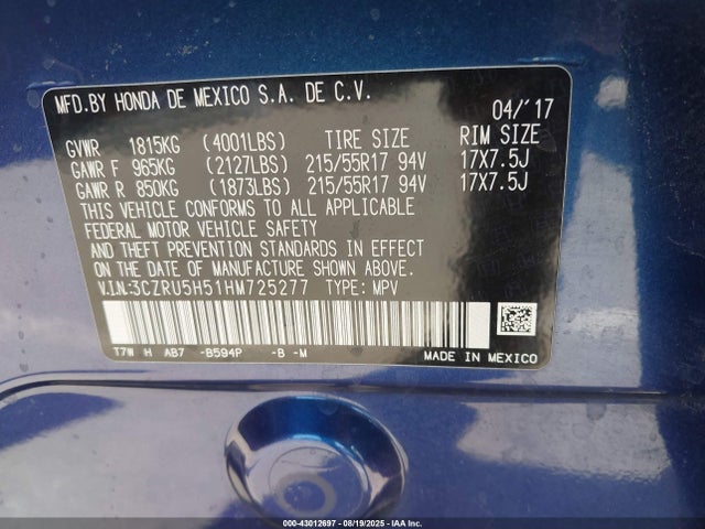 3CZRU5H51HM725277 Honda r18z9