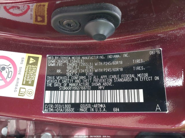 5TDKKRFH9GS168702 Toyota 2gr-fe