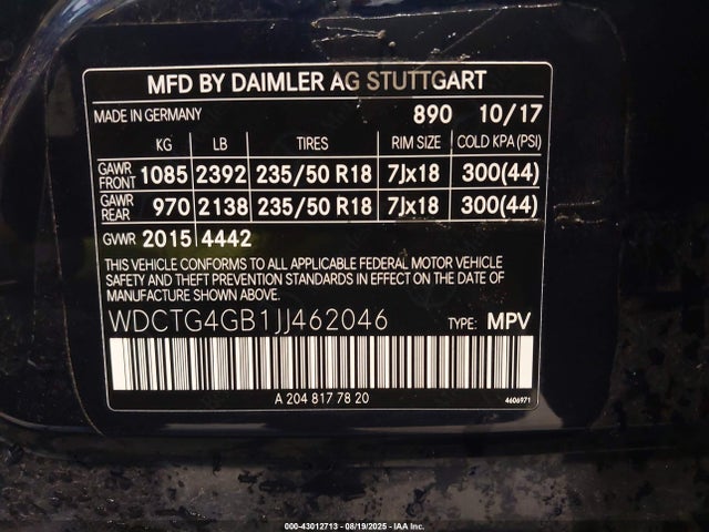 WDCTG4GB1JJ462046 Mercedes-Benz 270