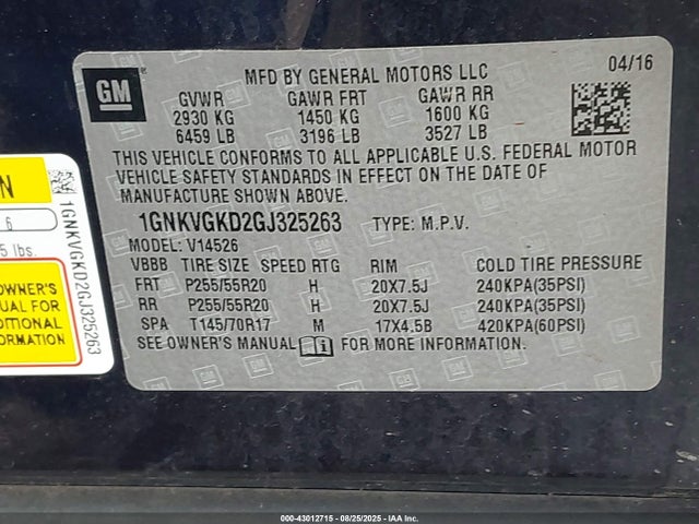 1GNKVGKD2GJ325263 Chevrolet llt - sidi, alum, 60 degrees