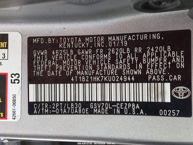 4T1BZ1HK7KU024944 Toyota 2gr-fks