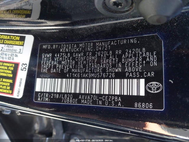 4T1K61AK9MU576726 Toyota a25a-fks