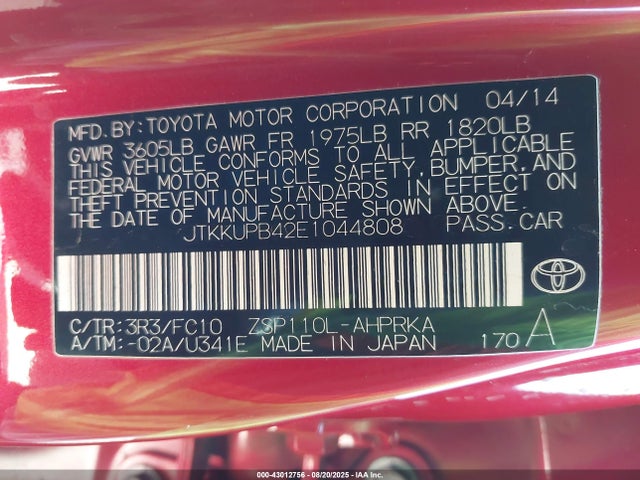 Scion 2zr-fe 2014 JTKKUPB42E1044808 Image 9