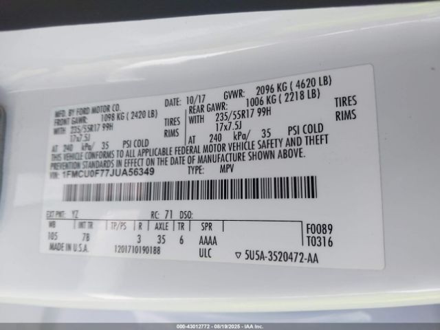 2018 FORD ESCAPE 1FMCU0F77JUA56349 Photo 8