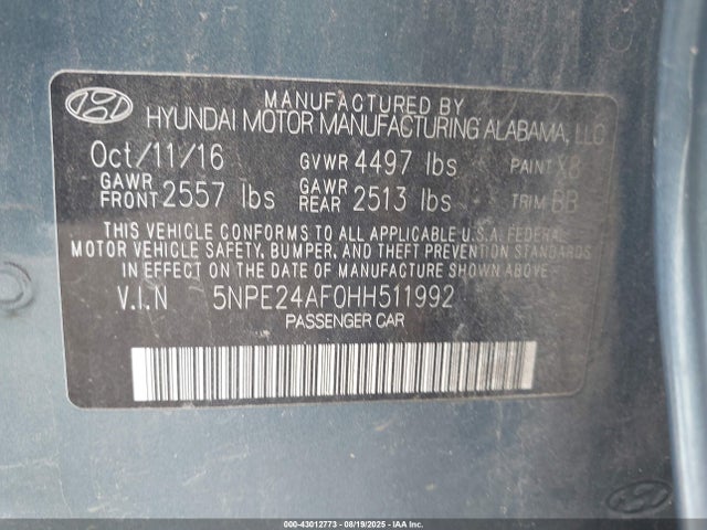 5NPE24AF0HH511992 Hyundai Sonata