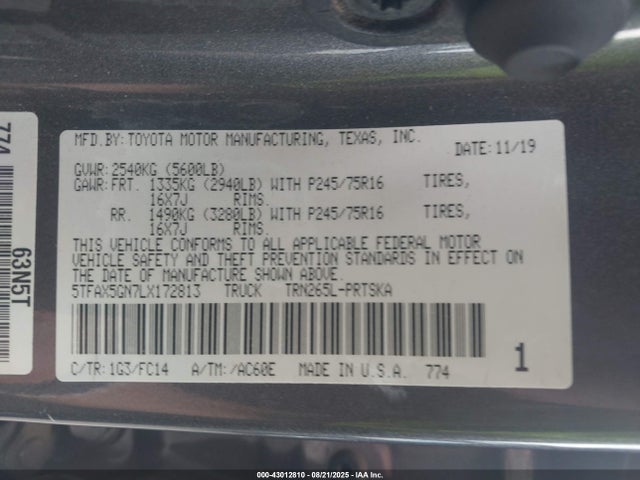 5TFAX5GN7LX172813 Toyota 2tr-fe