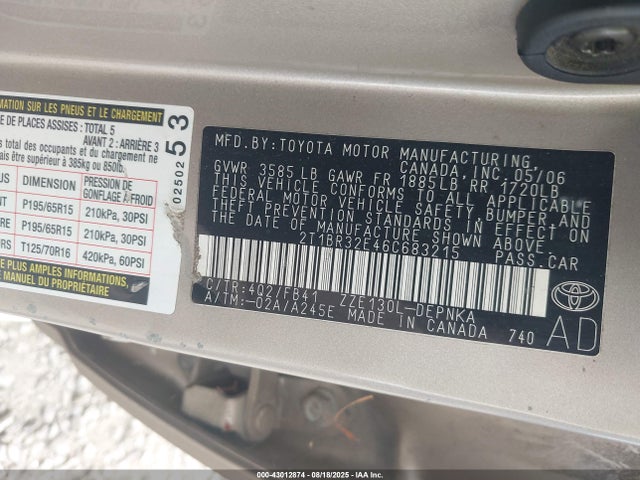 Продаж на аукціоні авто 2006 Toyota Corolla Le, vin: 2T1BR32E46C683215, номер лоту: 43012874