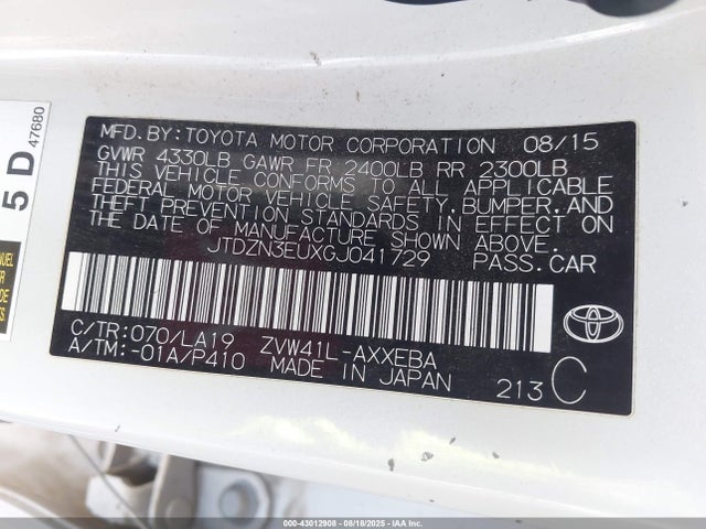JTDZN3EUXGJ041729 Toyota 2zr-fxe, 5jm