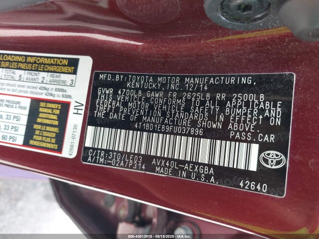 Toyota 2ar-fxe+2jm 2015 4T1BD1EB9FU037896 Image 9