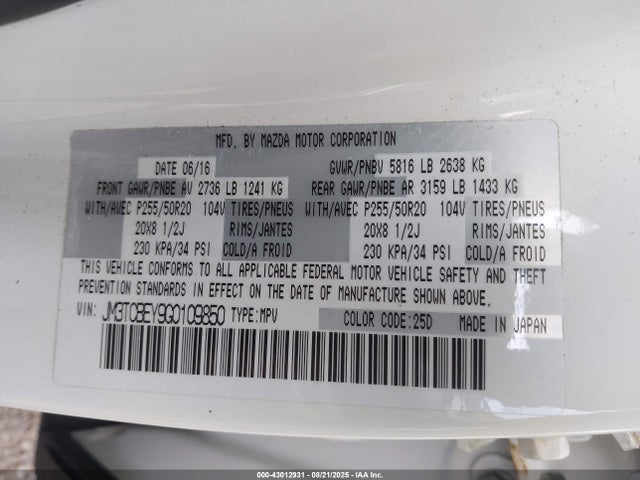 43012931 :رقم المزاد ، JM3TCBEY9G0109850 vin ، 2016 Mazda Cx-9 Signature مزاد بيع