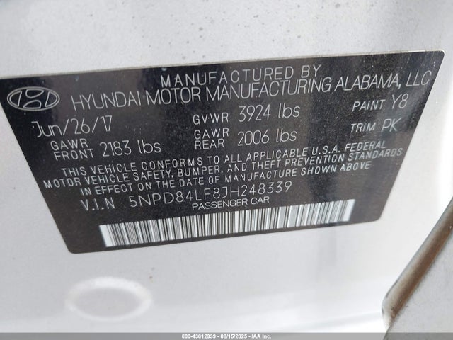 5NPD84LF8JH248339 Hyundai mpi nu