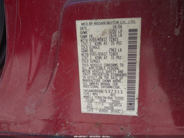 Продажа на аукционе авто 2006 Nissan Xterra Se, vin: 5N1AN08U46C537311, номер лота: 43013017