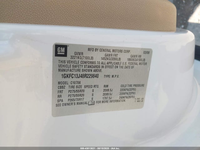 Aukcja sprzedaży 2008 Gmc Yukon Slt, vin: 1GKFC13J48R229840, numer aukcji: 43013021