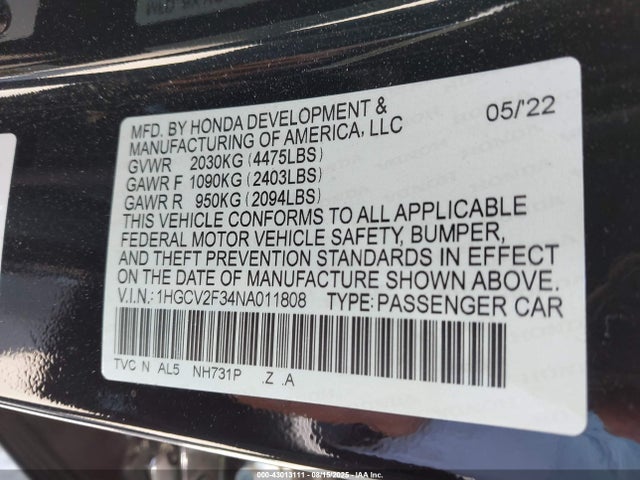 Honda k20c4 2022 1HGCV2F34NA011808 Image 9