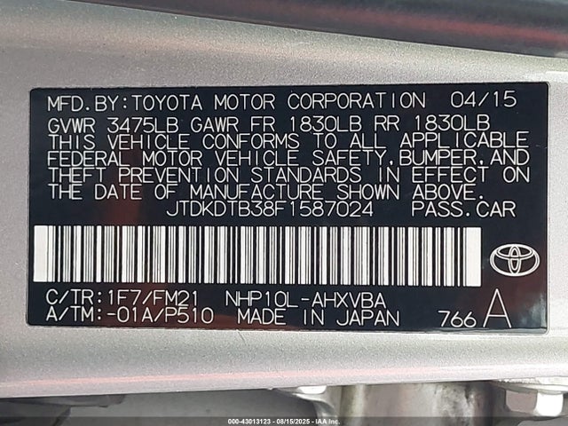 JTDKDTB38F1587024 Toyota 1nz-fxe+1lm