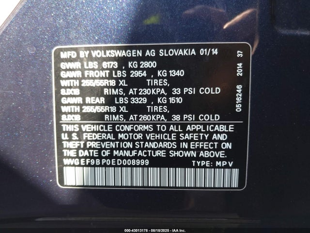 WVGEF9BP0ED008999 Volkswagen Touareg