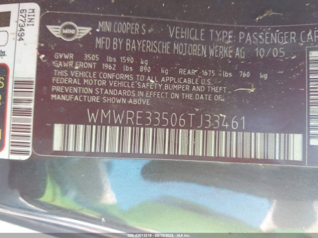 2006 MINI COOPER S WMWRE33506TJ33461 Photo 8