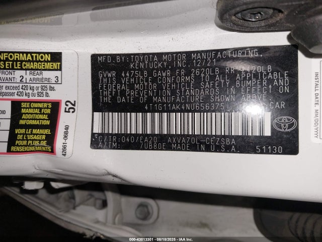 Toyota a25a-fks 2022 4T1G11AK4NU656375 Image 9