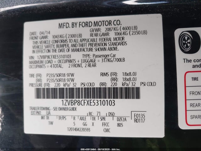 1ZVBP8CFXE5310103 Ford 2014