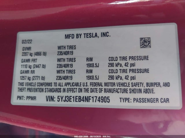 2022 TESLA MODEL 3 5YJ3E1EB4NF174905 Photo 8